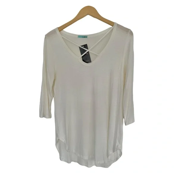 P.S. Kate Anna Criss Cross Top Semi Sheer Off White Tunic 3/4 Sleeve Size M - Picture 6 of 10